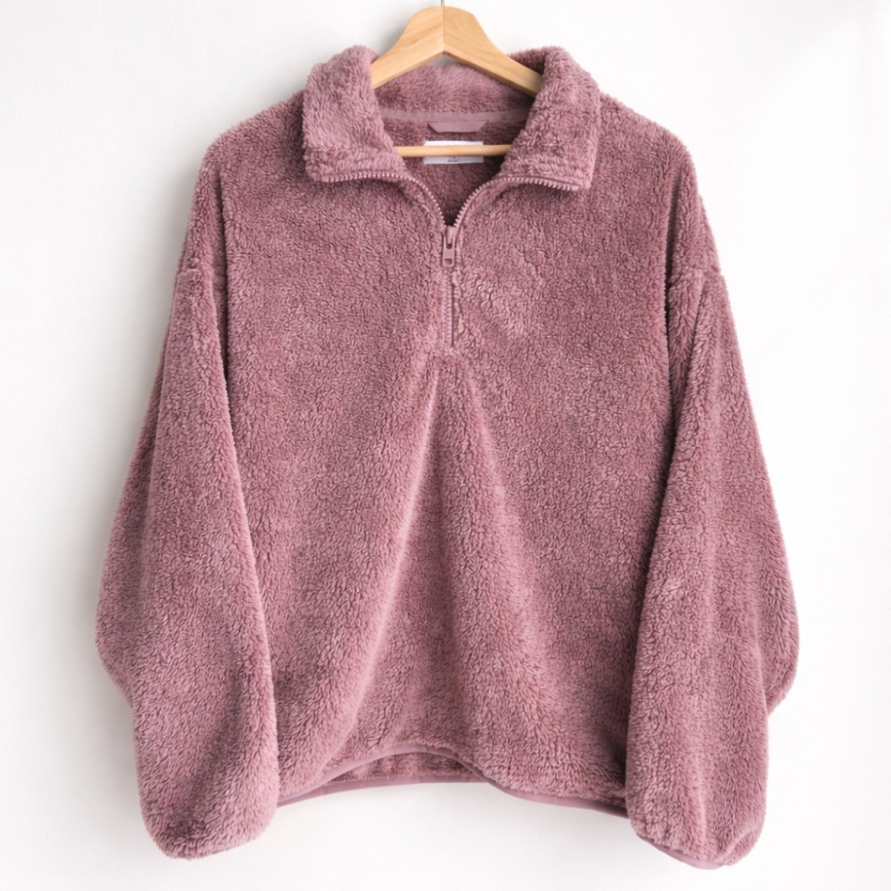 Aritzia TNA Quarter Zip Fleece Teddy Jacket size Small | Pink, mauve, half zip